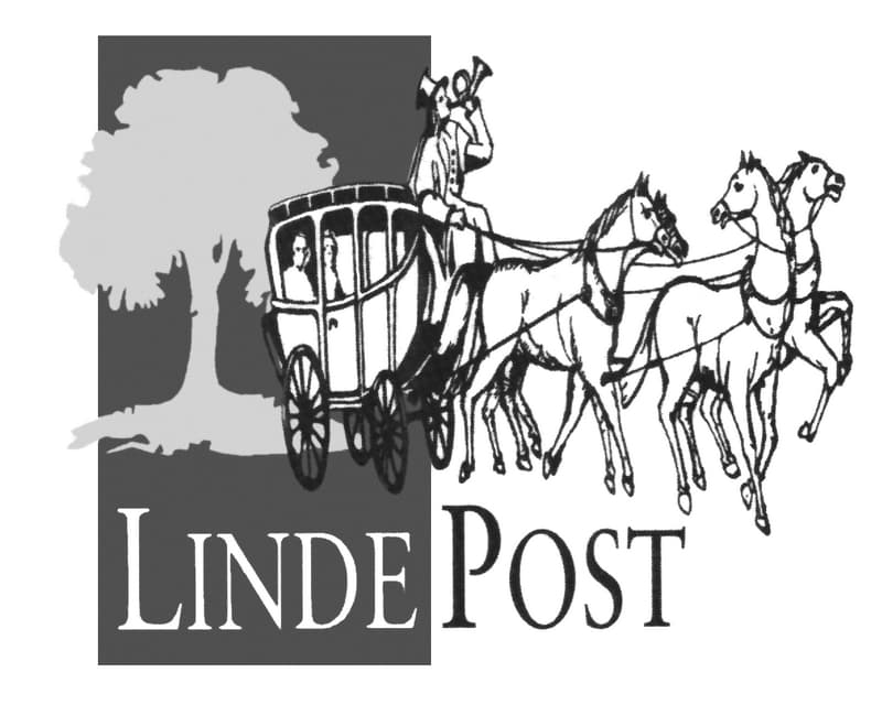 Logo Linde Post schwarz weiß mit Pferdekutsche und Linde